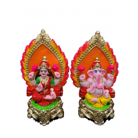 Pair of Goddess Lakshmi and Lord Ganesh Murti for Diwali Pooja, Terracotta Clay Idol, 7 inches