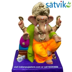 Satvik Eco Painted White Eco Friendly Clay Ganesh Idols- 12 inches (004), Made of Clay