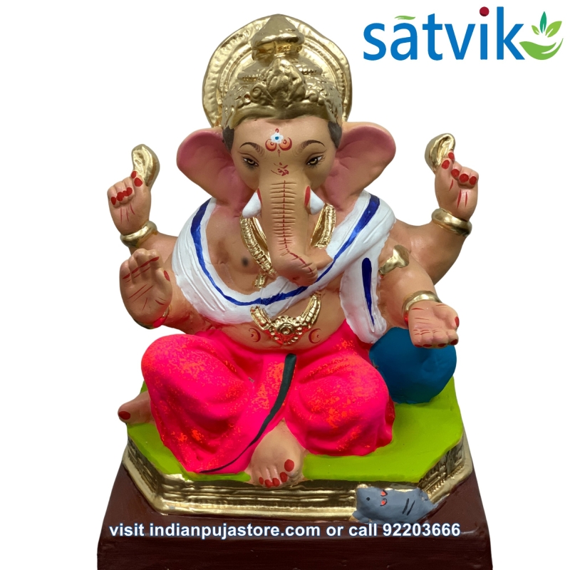 Satvik Eco Painted White Eco Friendly Clay Ganesh Idols- 12 inches (004), Made of Clay