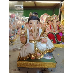 Satvik Eco Painted White Eco Friendly Clay Ganesh Idols- 12 inches (004), Made of Clay